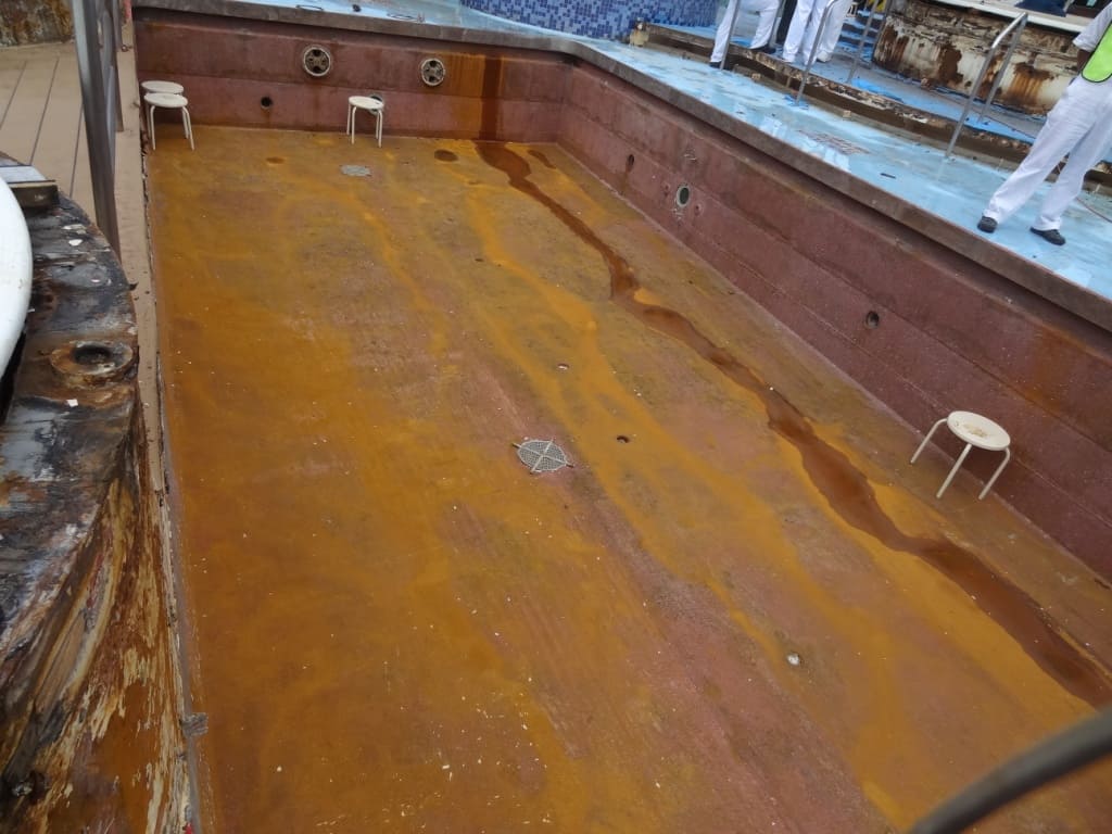 cruise ship swimming pool showing severe corrosion