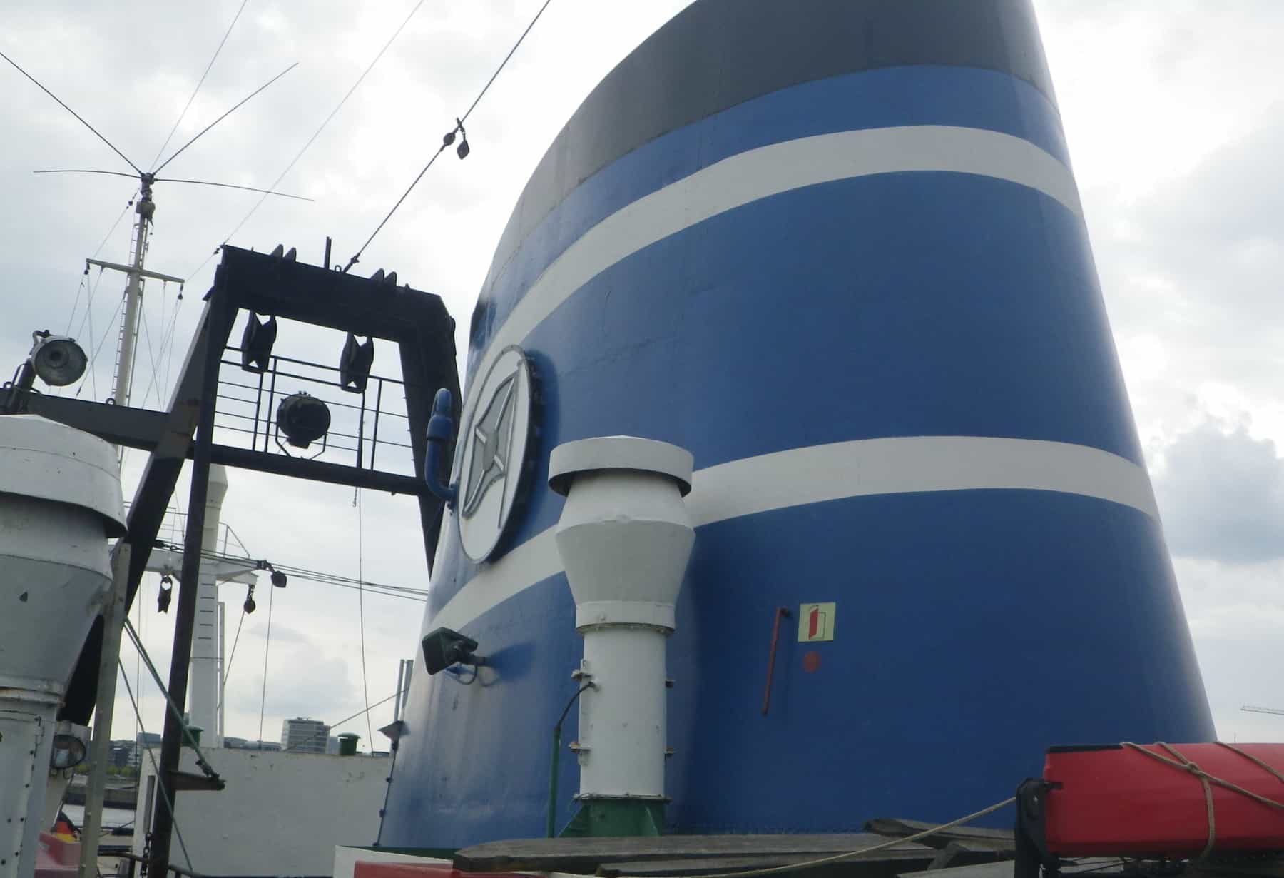 large blue funnel on board a ship